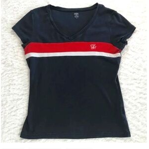 Vintage Tommy Hilfiger Women’s Dark Blue, Stripe & Logo Short Sleeved T-Shirt